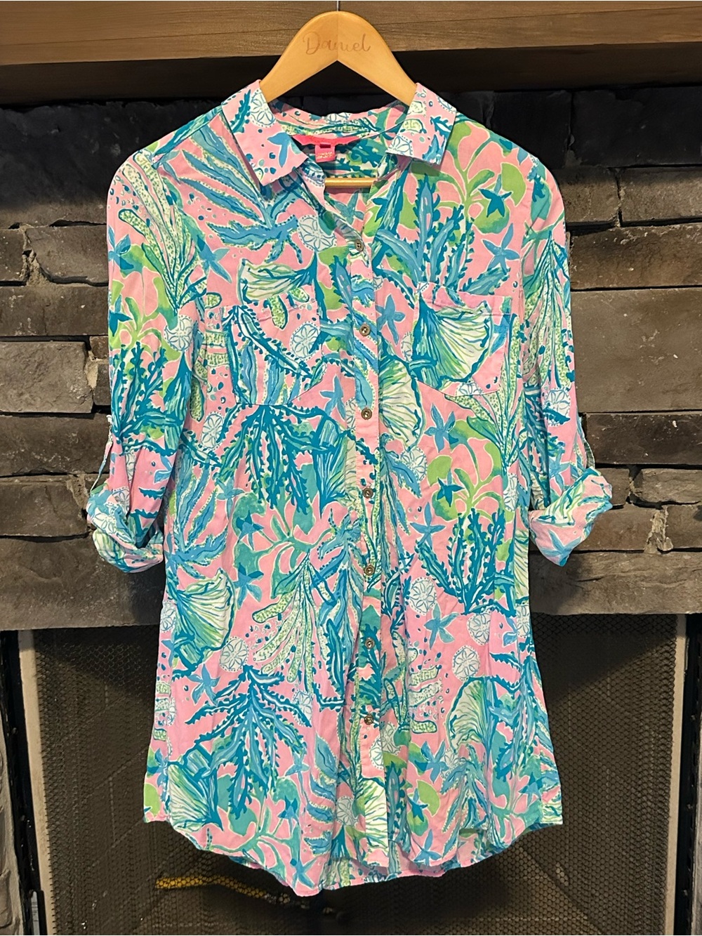 Lilly Pulitzer Pink Tropical Print Midi Dress cover up with Aqua & Green Accents